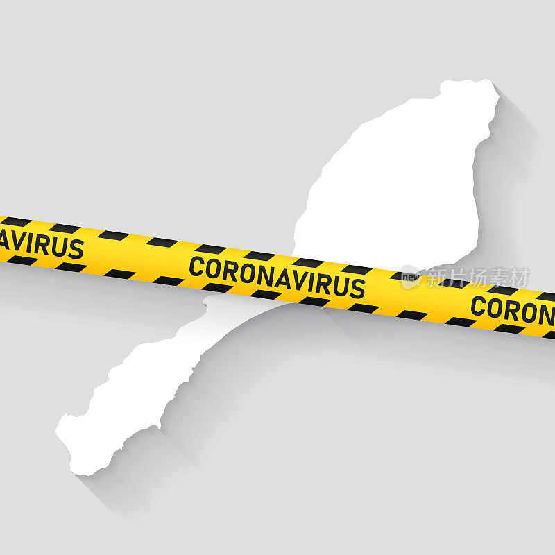 带冠状病毒警告胶带的Jan Mayen地图。Covid-19爆发